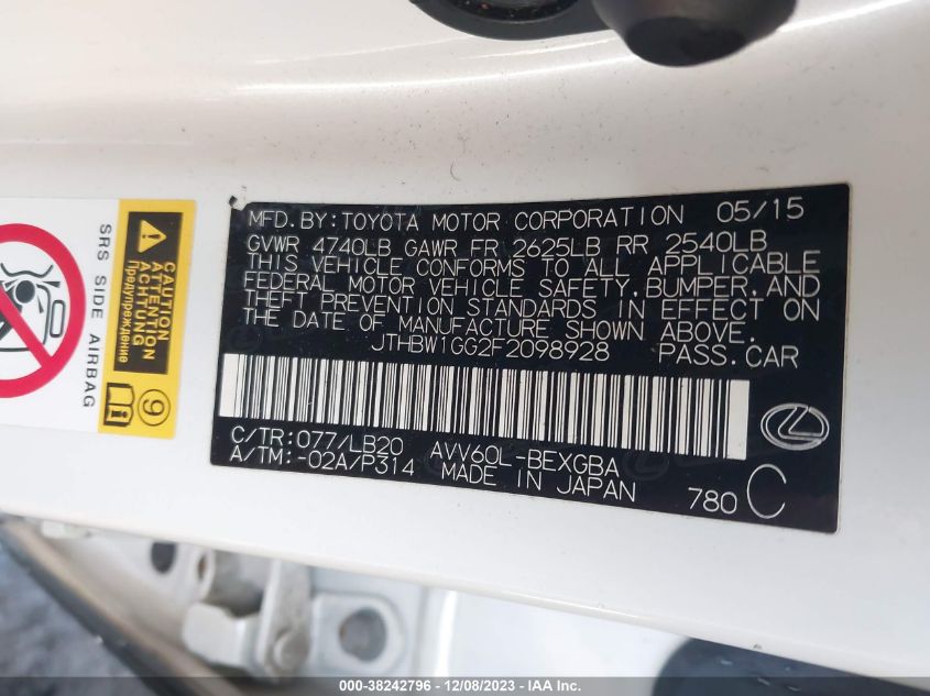 2015 LEXUS ES 300H HYBRID - JTHBW1GG2F2098928