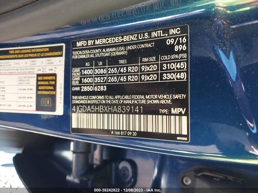 VIN 4JGDA5HBXHA839141 2017 MERCEDES-BENZ GLE 350 4MATIC