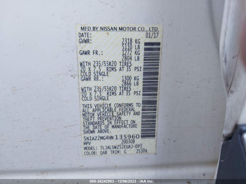 2017 NISSAN MURANO PLATINUM - 5N1AZ2MG4HN135960