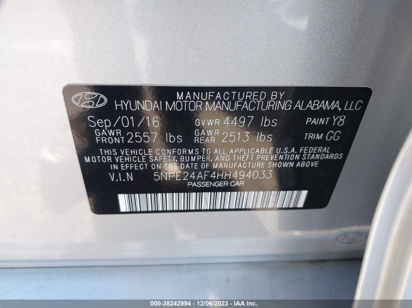 2017 HYUNDAI SONATA 2.4L - 5NPE24AF4HH494033