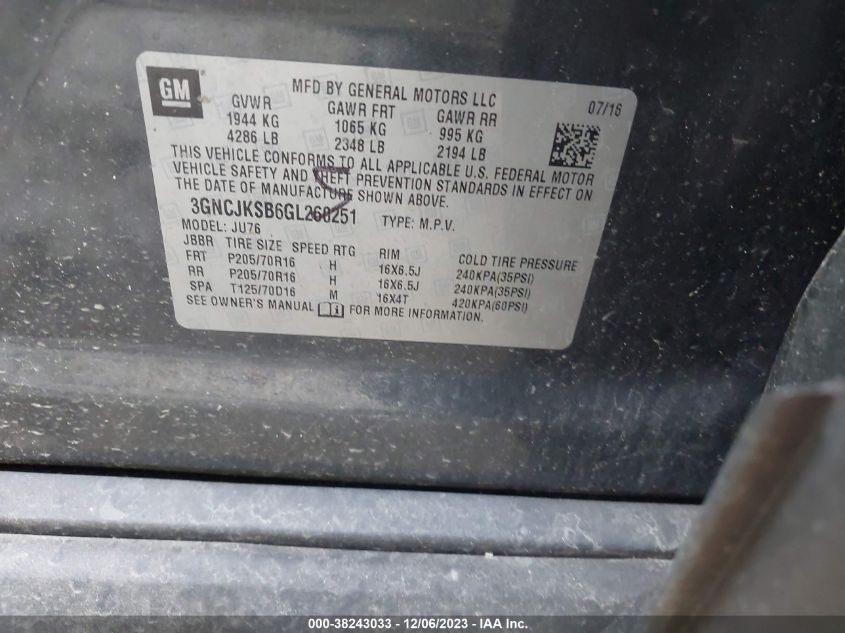 2016 CHEVROLET TRAX LS - 3GNCJKSB6GL260251
