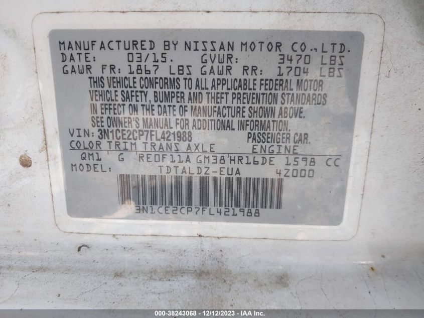 2015 NISSAN VERSA NOTE S/S PLUS/SV/SL/SR - 3N1CE2CP7FL421988