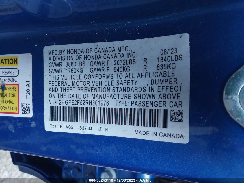 2024 HONDA CIVIC SPORT - 2HGFE2F52RH501976