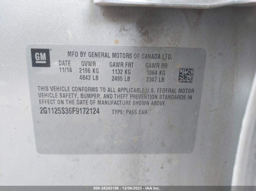 2015 CHEVROLET IMPALA 2LT - 2G1125S36F9172124