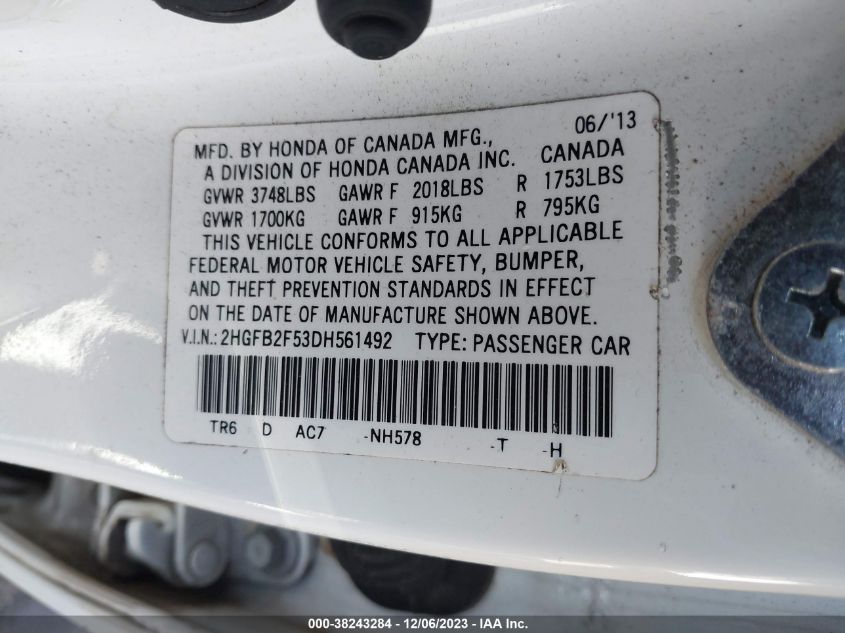 2013 HONDA CIVIC LX - 2HGFB2F53DH561492