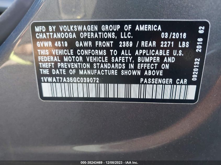 2016 VOLKSWAGEN PASSAT 1.8T S - 1VWAT7A35GC039072