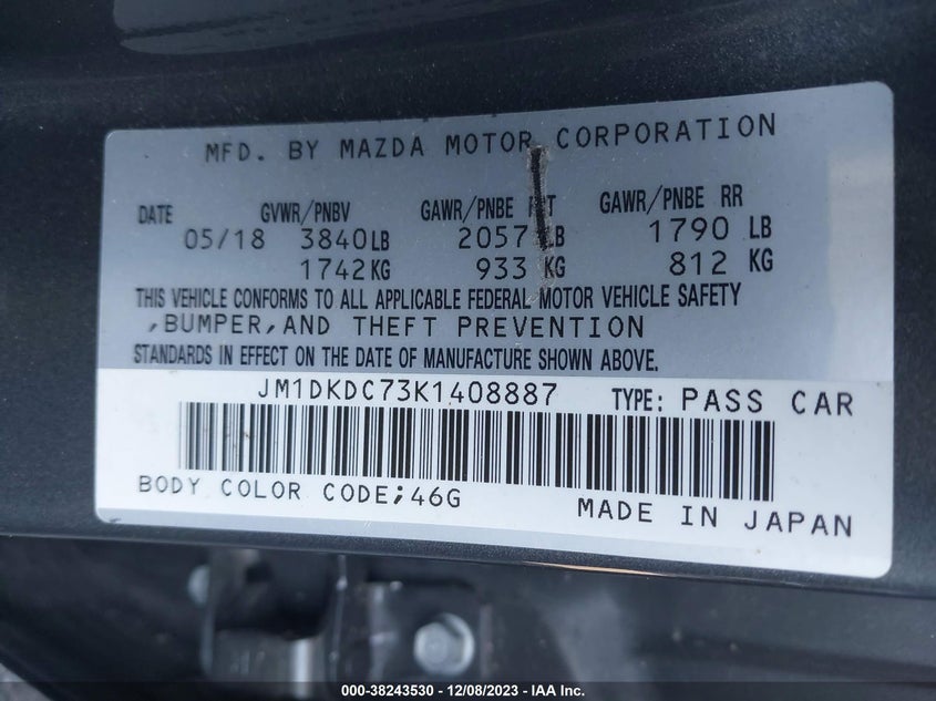 VIN JM1DKDC73K1408887 2019 MAZDA CX-3 TOURING