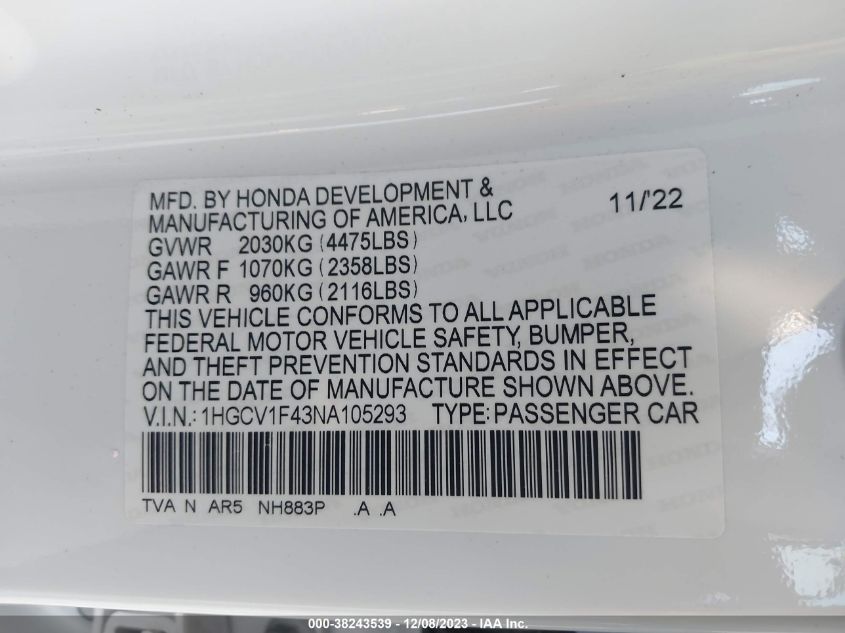 2022 HONDA ACCORD SPORT SE - 1HGCV1F43NA105293