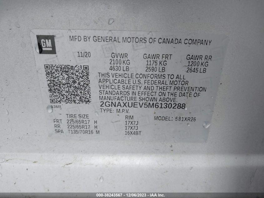 2021 CHEVROLET EQUINOX LT - 2GNAXUEV5M6130288