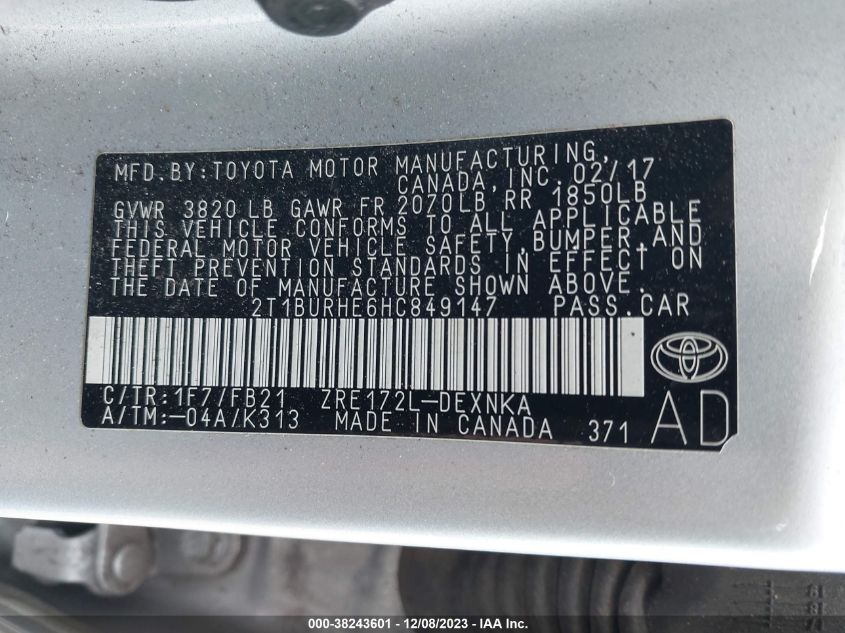 2017 TOYOTA COROLLA L/LE/XLE/SE/XSE - 2T1BURHE6HC849147