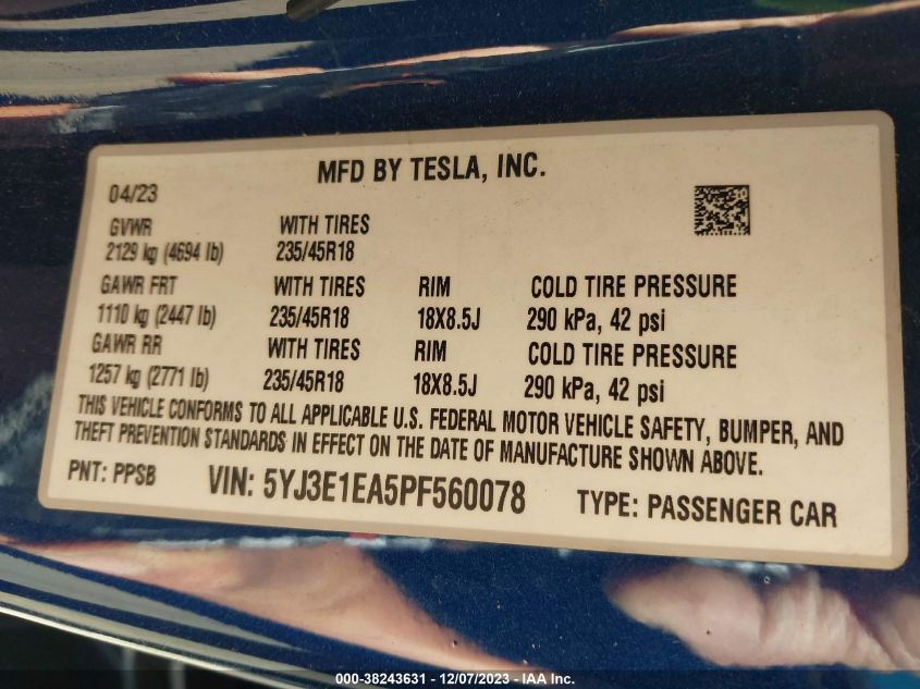 2023 TESLA MODEL 3 - 5YJ3E1EA5PF560078