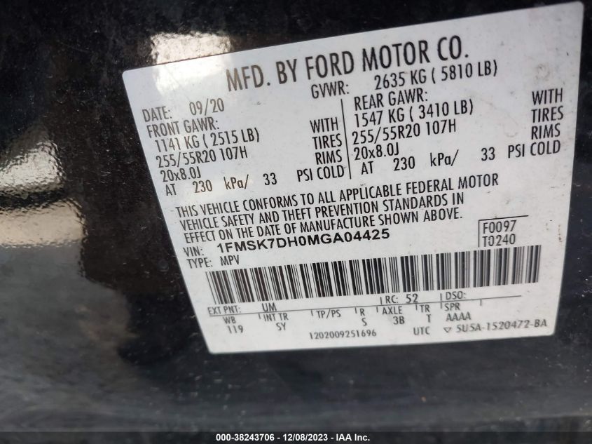 2021 FORD EXPLORER XLT - 1FMSK7DH0MGA04425