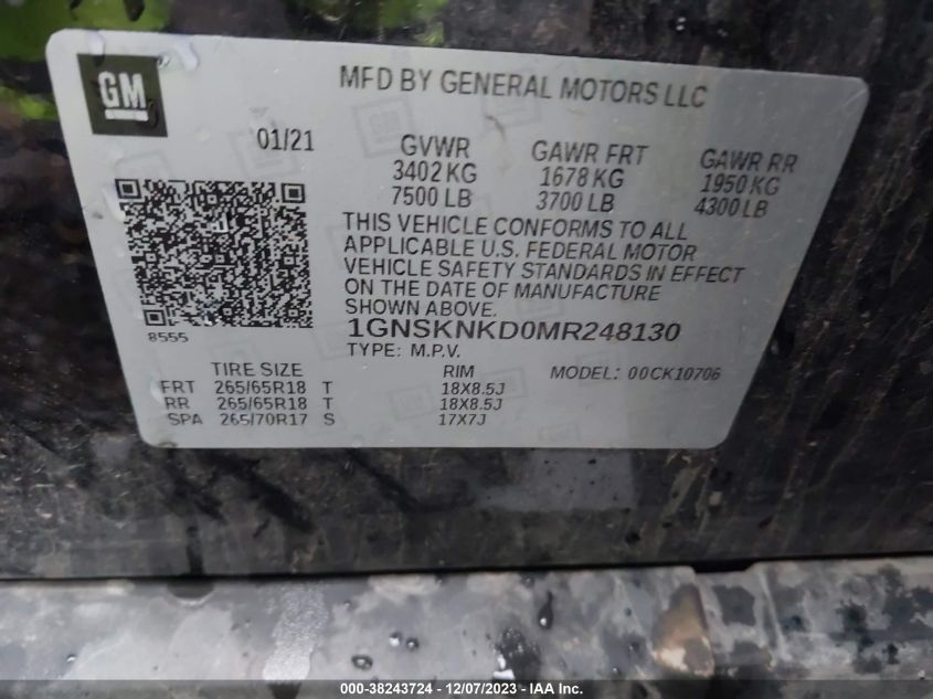 2021 CHEVROLET TAHOE K1500 LT - 1GNSKNKD0MR248130