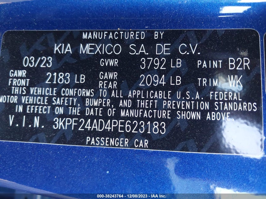 VIN 3KPF24AD4PE623183 2023 KIA FORTE LX/LXS