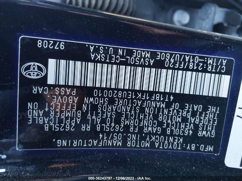 2014 TOYOTA CAMRY L/SE/LE/XLE - 4T1BF1FK1EU280010