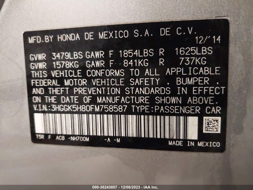 2015 HONDA FIT EX/EX-L - 3HGGK5H80FM758587