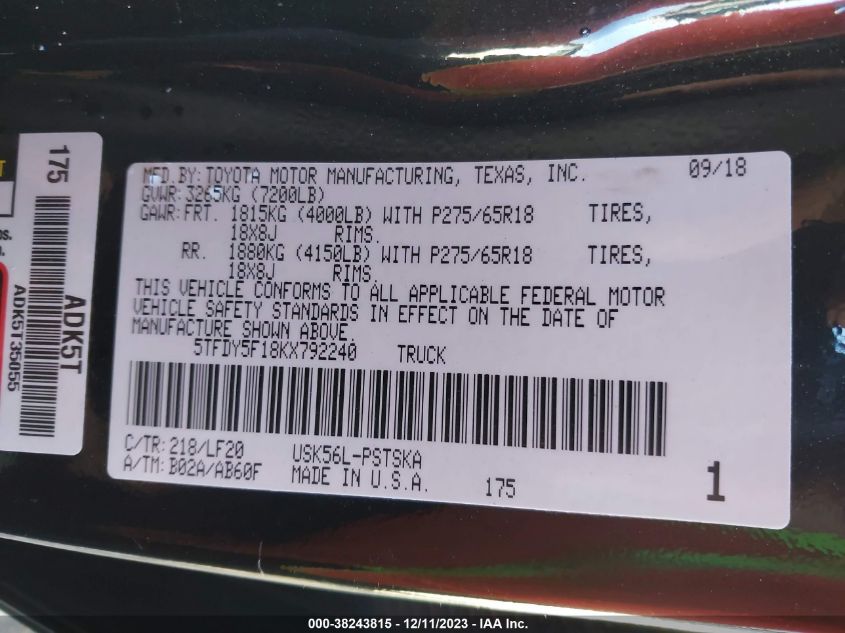 2019 TOYOTA TUNDRA 4WD SR5/LIMITED/PLATINUM/1794 EDITION/TRD PRO 5TFDY5F18KX792240
