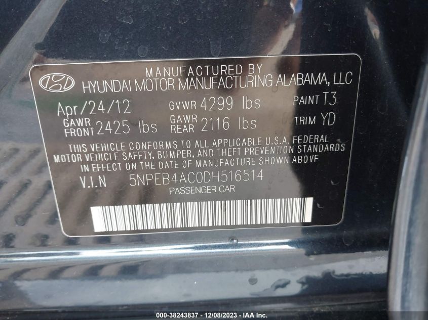2013 HYUNDAI SONATA GLS - 5NPEB4AC0DH516514