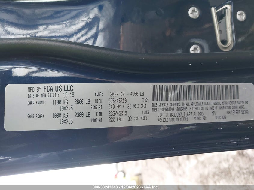 VIN 3C4NJDCB7LT162710 2020 JEEP COMPASS LIMITED