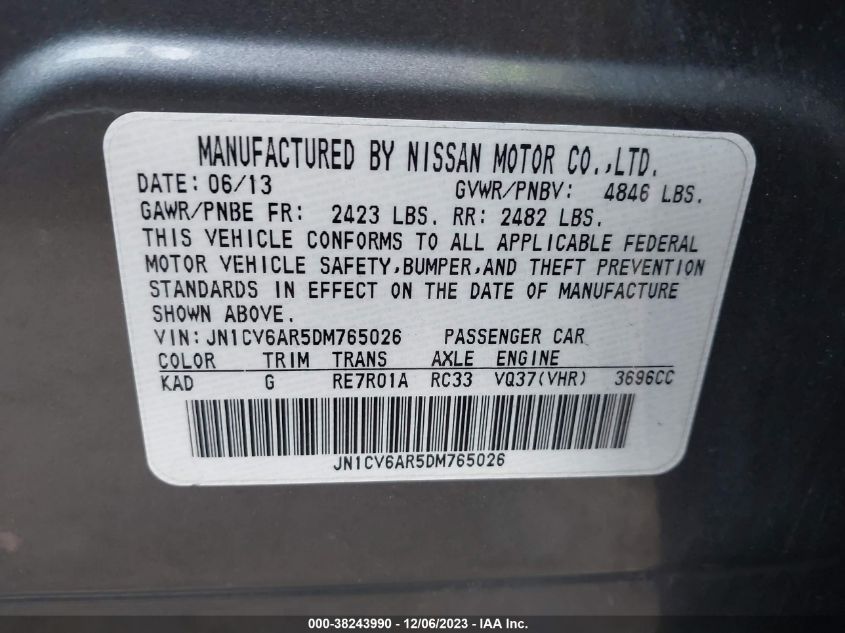 2013 INFINITI G37X X - JN1CV6AR5DM765026