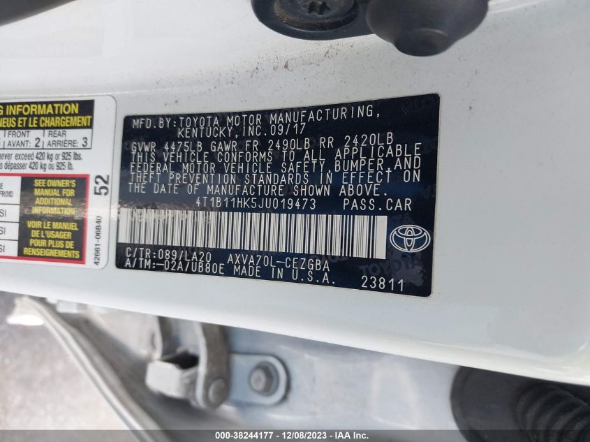 2018 TOYOTA CAMRY XLE - 4T1B11HK5JU019473