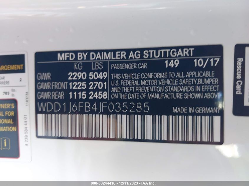2018 MERCEDES-BENZ E 400 WDD1J6FB4JF035285