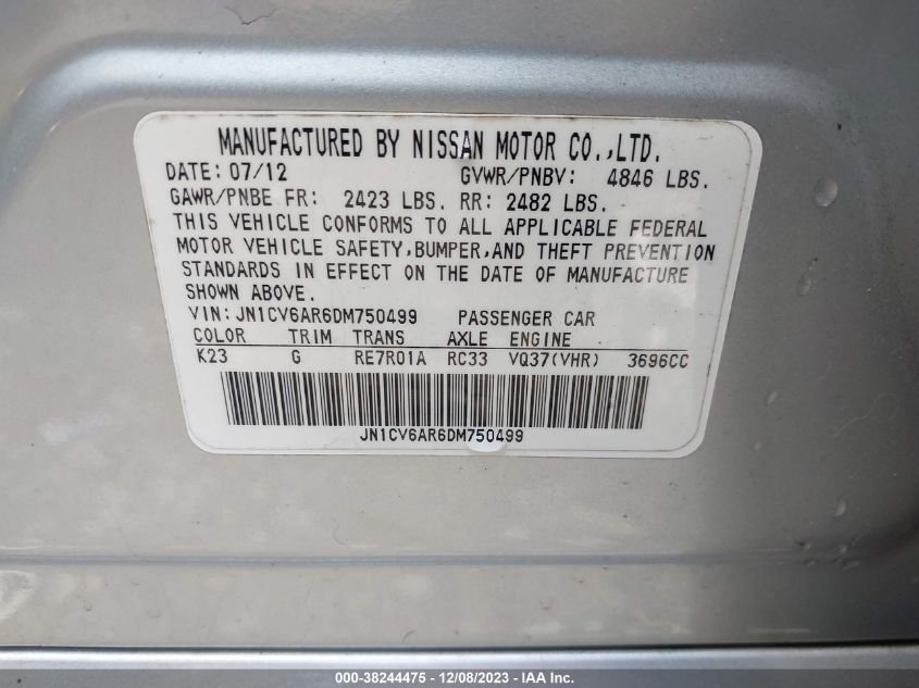 2013 INFINITI G37X JN1CV6AR6DM750499