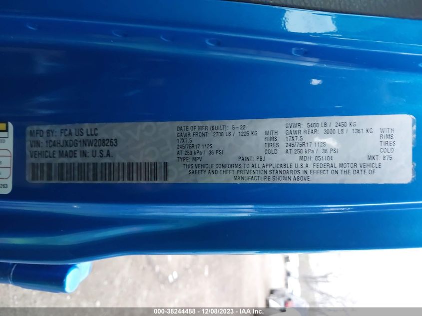2022 JEEP WRANGLER UNLIMITED SPORT S 4X4 - 1C4HJXDG1NW208263