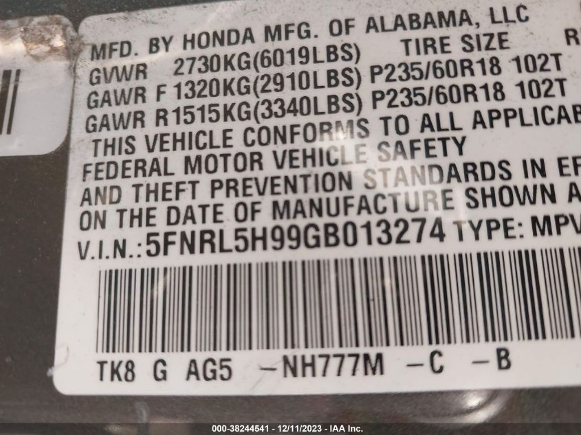 2016 HONDA ODYSSEY TOURING/TOURING ELITE - 5FNRL5H99GB013274
