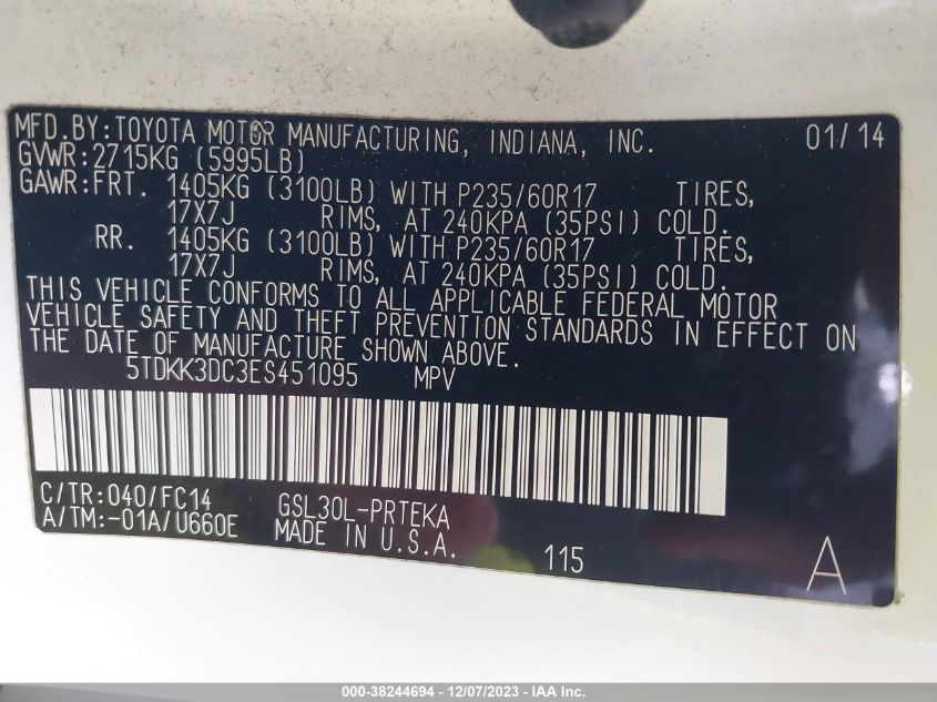 2014 TOYOTA SIENNA LE V6 8 PASSENGER - 5TDKK3DC3ES451095