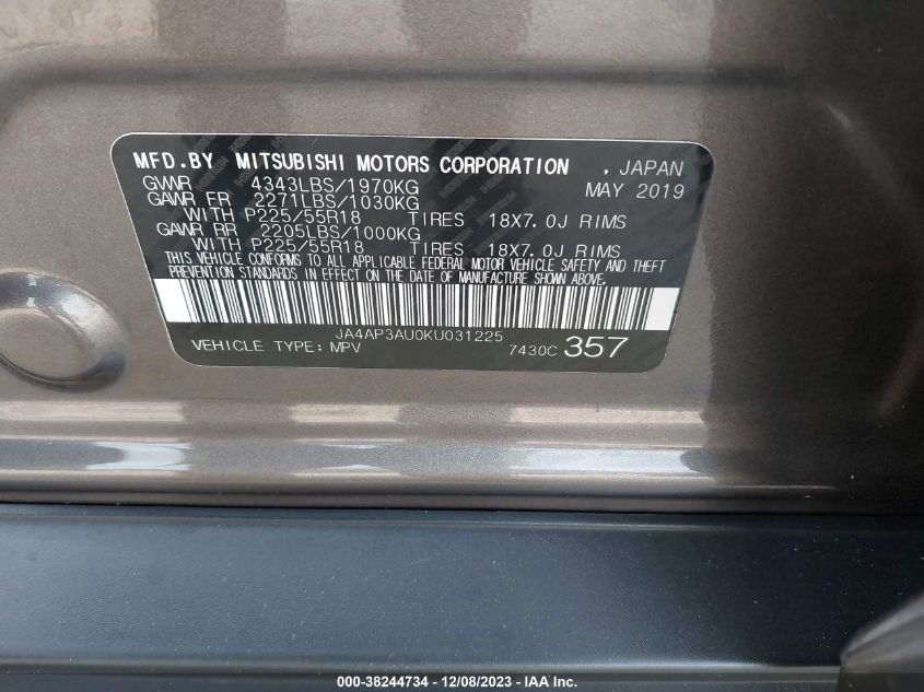 2019 MITSUBISHI OUTLANDER SPORT ES/LE/SP - JA4AP3AU0KU031225