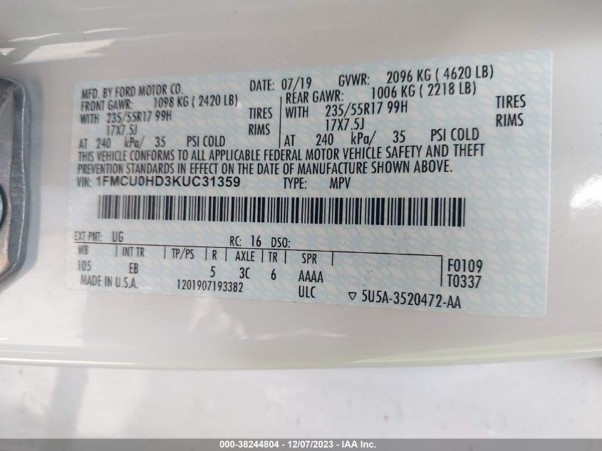 2019 FORD ESCAPE SEL - 1FMCU0HD3KUC31359