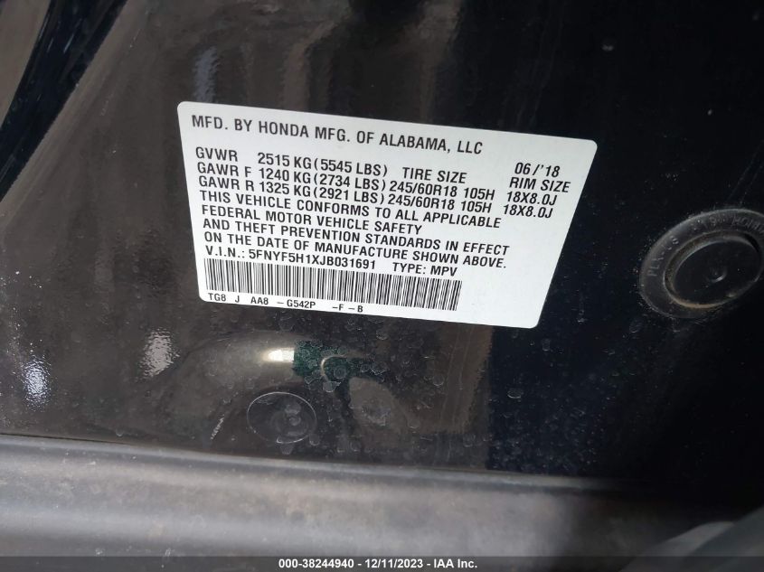 2018 HONDA PILOT LX - 5FNYF5H1XJB031691