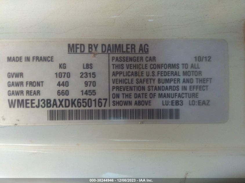 2013 SMART FORTWO PASSION/PURE WMEEJ3BAXDK650167