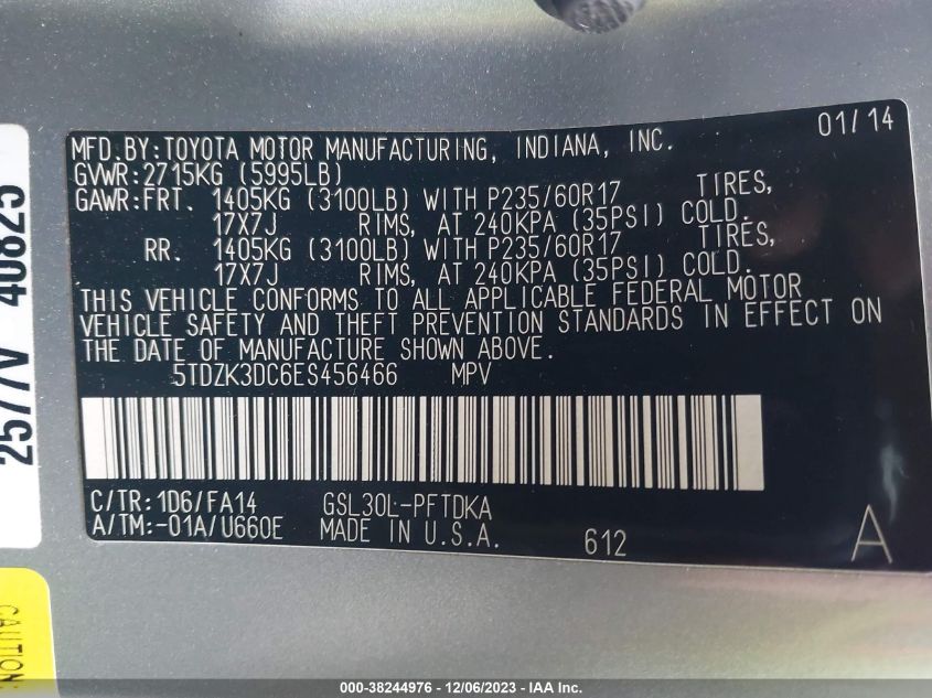 2014 TOYOTA SIENNA L V6 7 PASSENGER - 5TDZK3DC6ES456466