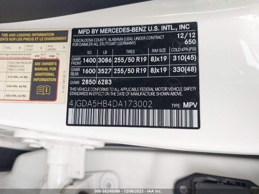 2013 MERCEDES-BENZ ML 350 4JGDA5HB4DA173002