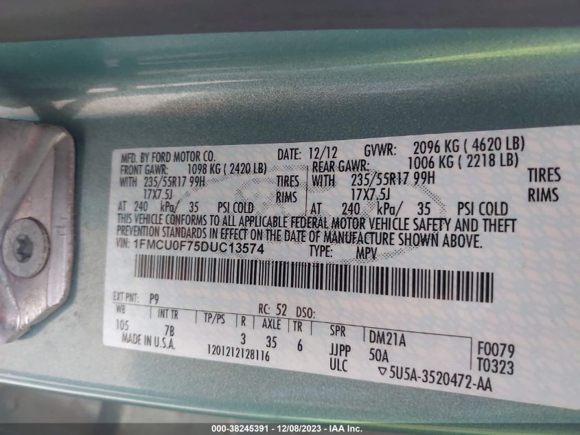 2013 FORD ESCAPE S - 1FMCU0F75DUC13574