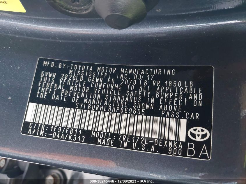 2017 TOYOTA COROLLA LE - 5YFBURHE8HP669605