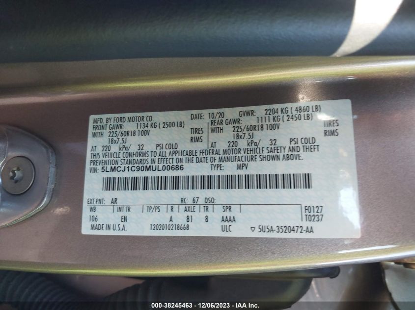 2021 LINCOLN CORSAIR - 5LMCJ1C90MUL00686