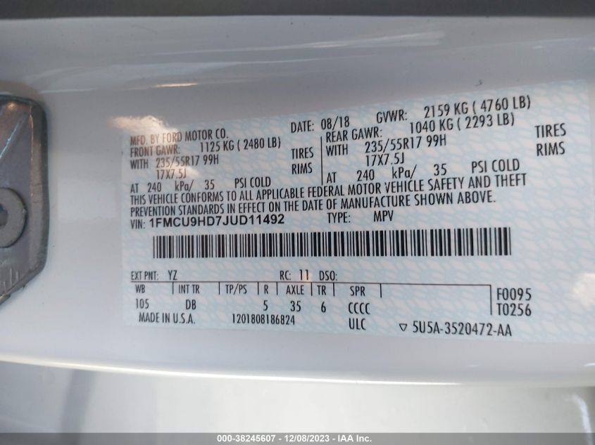 2018 FORD ESCAPE SEL - 1FMCU9H97JUD11492
