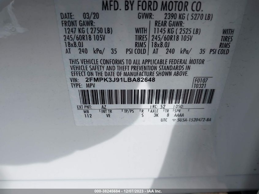 2020 FORD EDGE SEL - 2FMPK3J91LBA82648