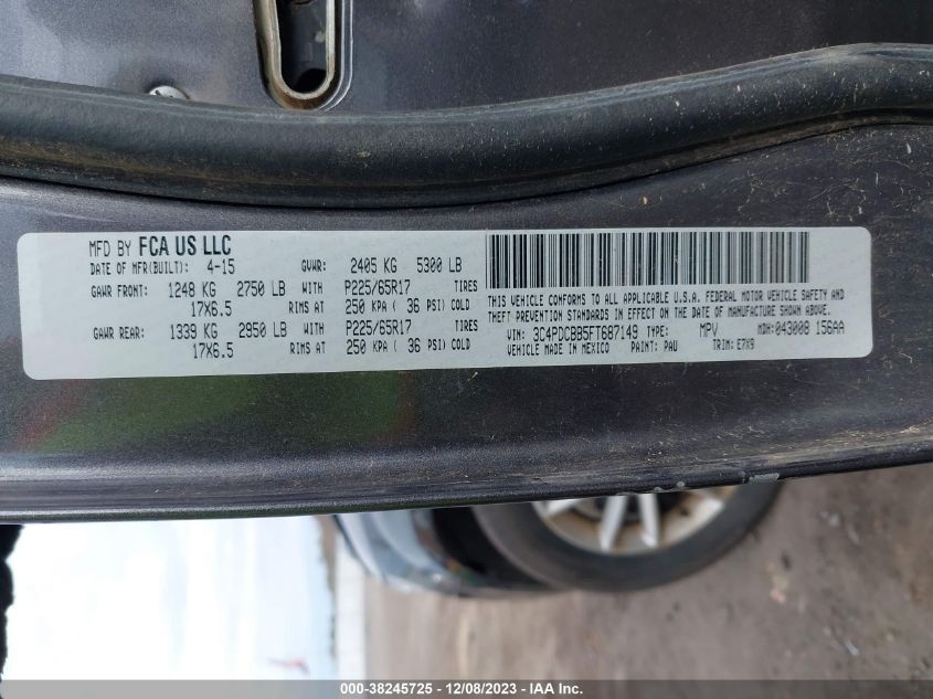 2015 DODGE JOURNEY SXT - 3C4PDCBB5FT687149