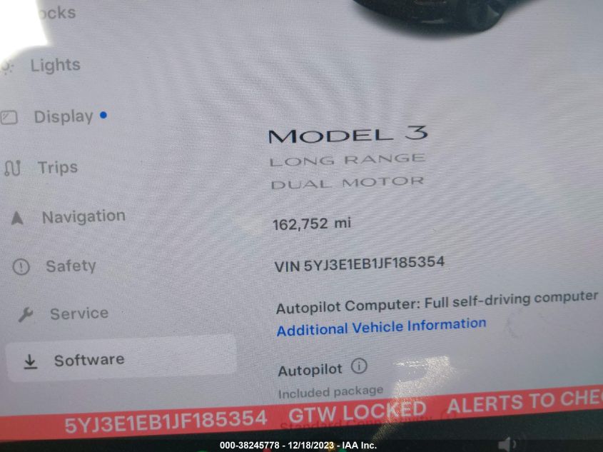 5YJ3E1EB1JF185354 | 2018 TESLA MODEL 3