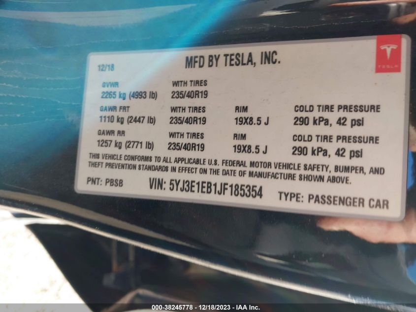 5YJ3E1EB1JF185354 | 2018 TESLA MODEL 3