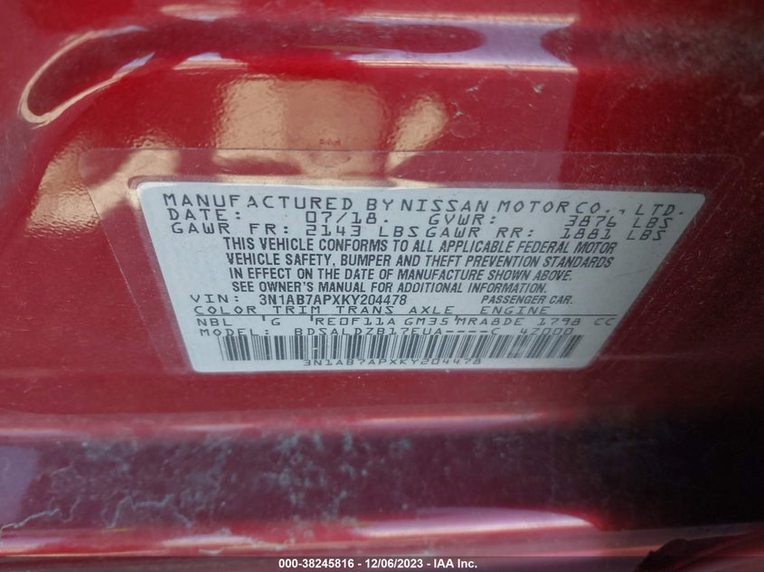 VIN 3N1AB7APXKY204478 2019 NISSAN SENTRA S/SV/SR/SL