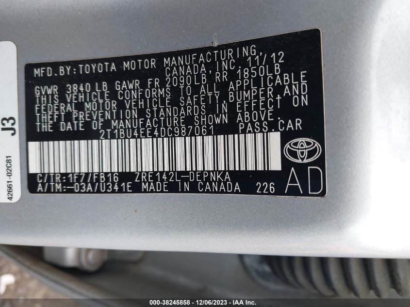 2013 TOYOTA COROLLA S/LE - 2T1BU4EE4DC987061