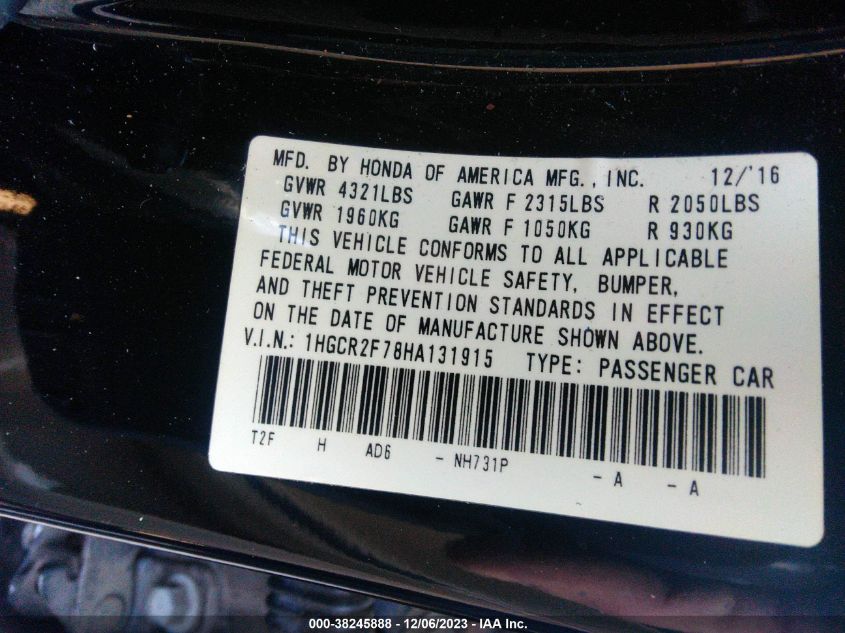2017 HONDA ACCORD EX - 1HGCR2F78HA131915