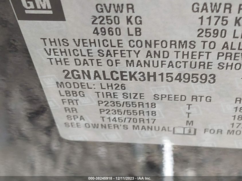 2017 CHEVROLET EQUINOX LT - 2GNALCEK3H1549593