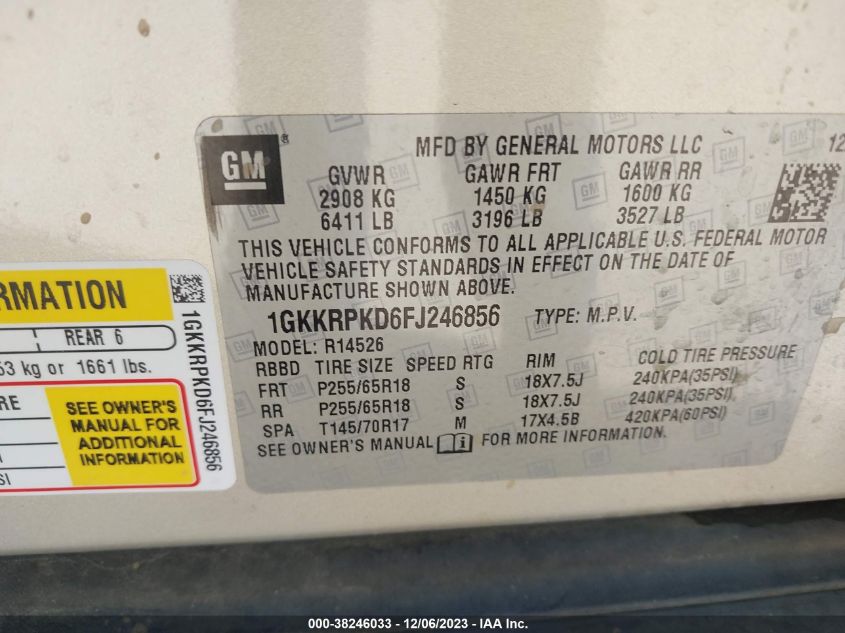 2015 GMC ACADIA SLE - 1GKKRPKD6FJ246856