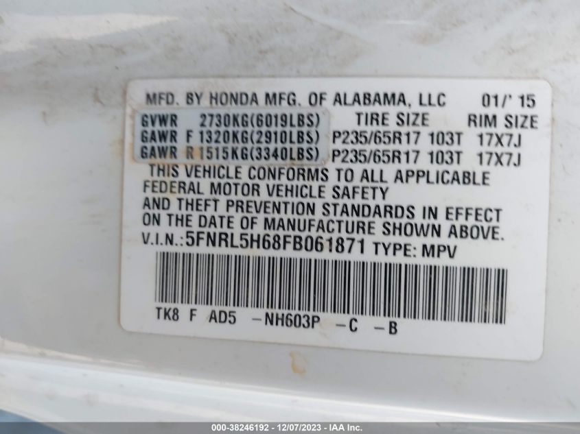 2015 HONDA ODYSSEY EXL - 5FNRL5H68FB061871